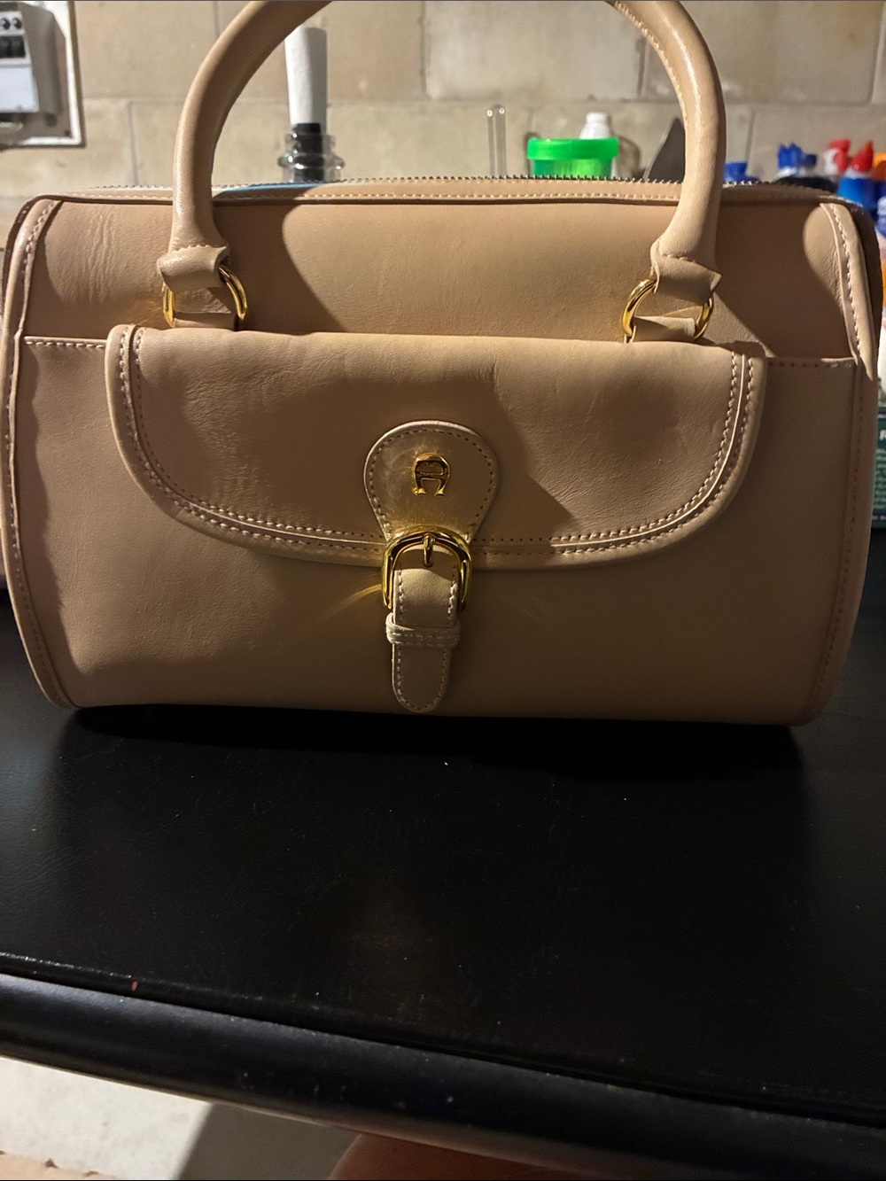 Etienne Aigner Beige Leather Top-Handle Satchel with Gold Hardware